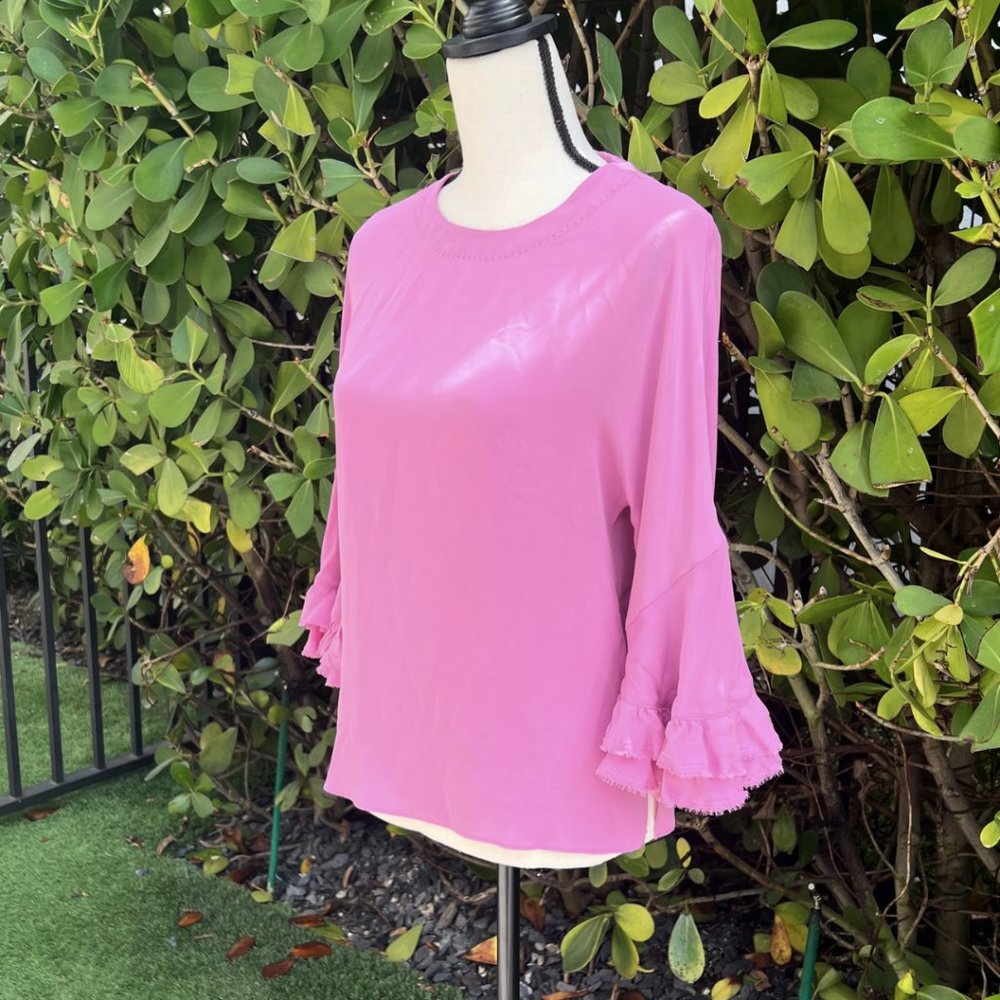 Kobi Halperin Silk Ruffle Sleeve Taffy Pink Romantic Shirt